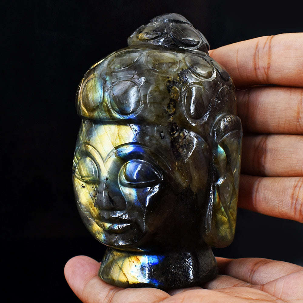 gemsmore:Golden & Blue Flash Labradorite Carved Lord Buddha Head Idol