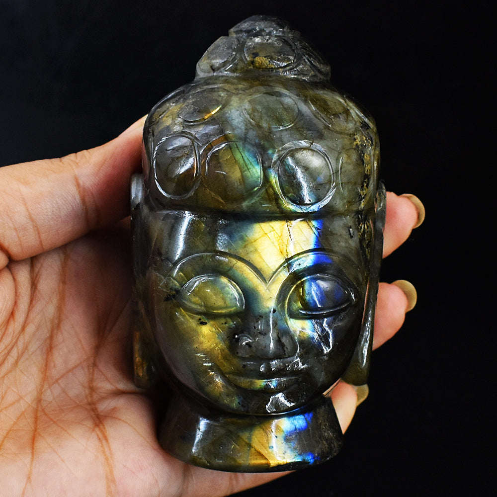 gemsmore:Golden & Blue Flash Labradorite Carved Lord Buddha Head Idol
