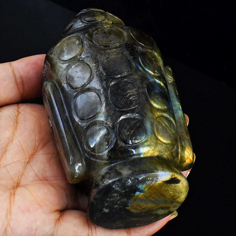 gemsmore:Golden & Blue Flash Labradorite Carved Lord Buddha Head Idol