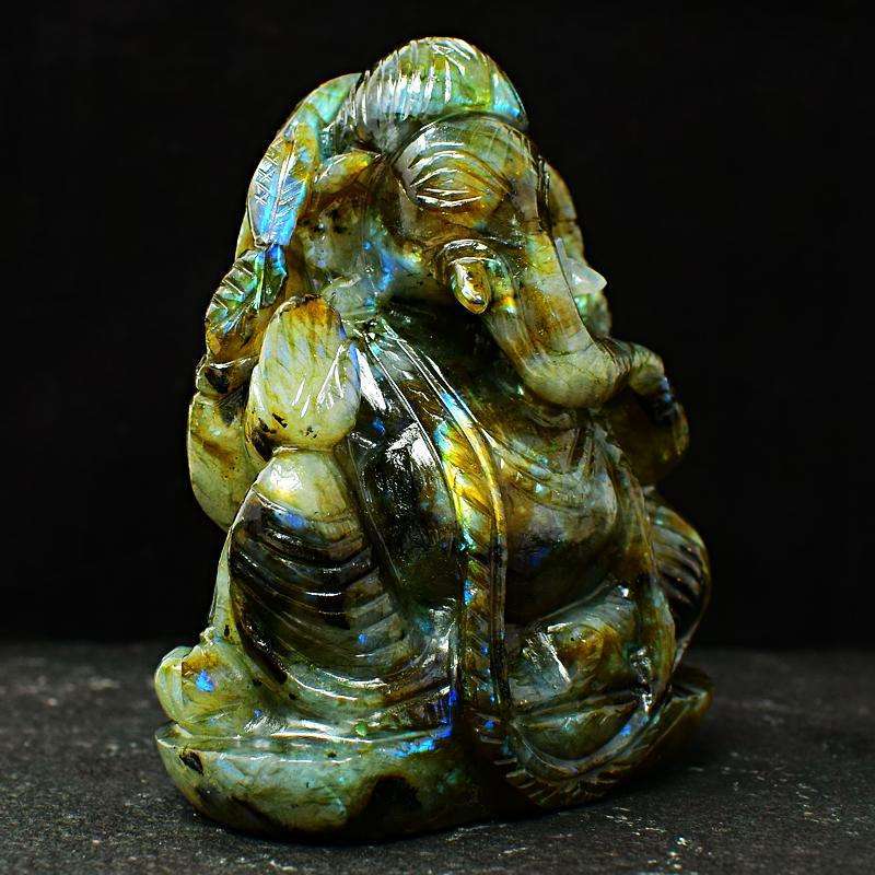 gemsmore:Golden & Blue Flash Labradorite Carved Lord Ganesha Idol