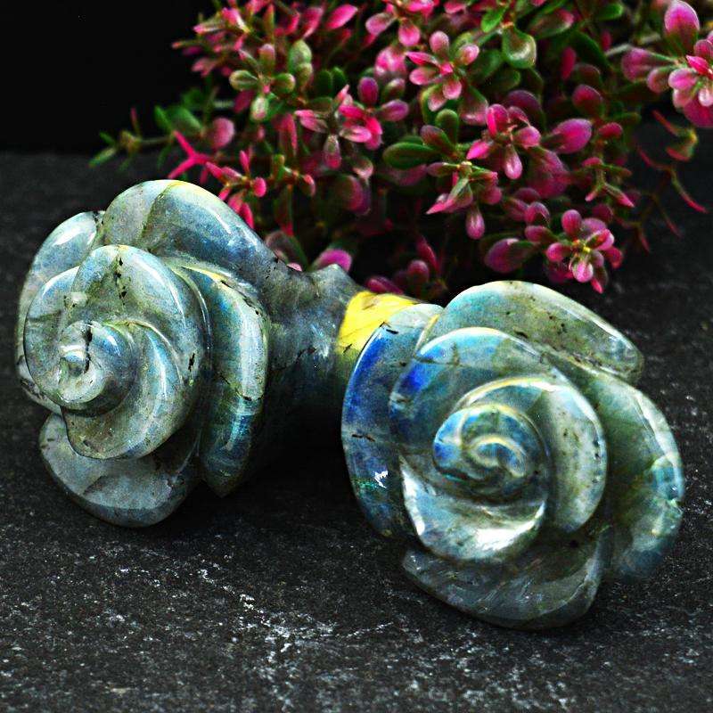 gemsmore:Golden & Blue Flash Labradorite Carved Twin Rose