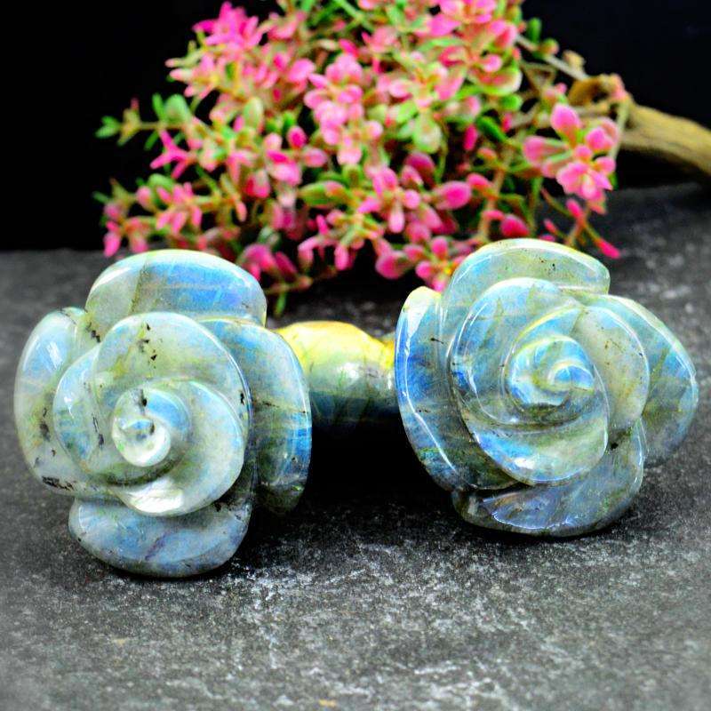 gemsmore:Golden & Blue Flash Labradorite Carved Twin Rose