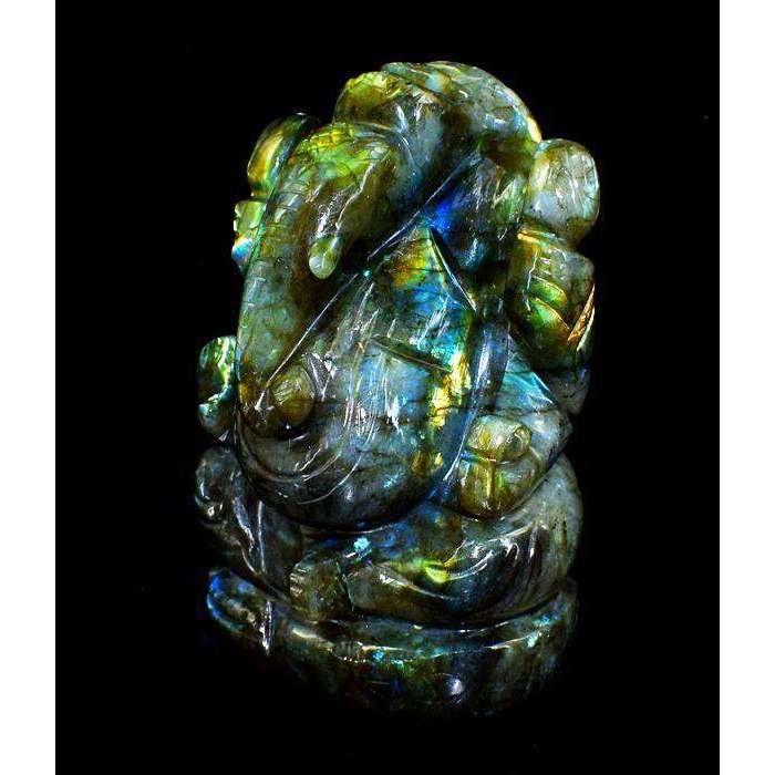 gemsmore:Golden & Blue Flash Labradorite Gemstone Carved Lord Ganesha Idol
