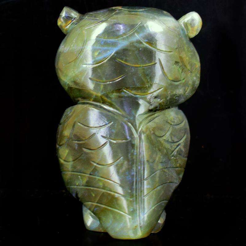 gemsmore:Golden & Blue Flash Labradorite Hand Carved Owl Gemstone
