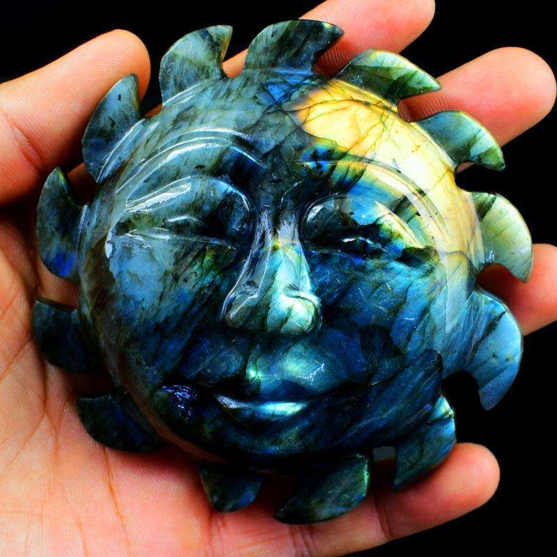 gemsmore:Golden Falsh Labradorite Hand Carved Sun Face