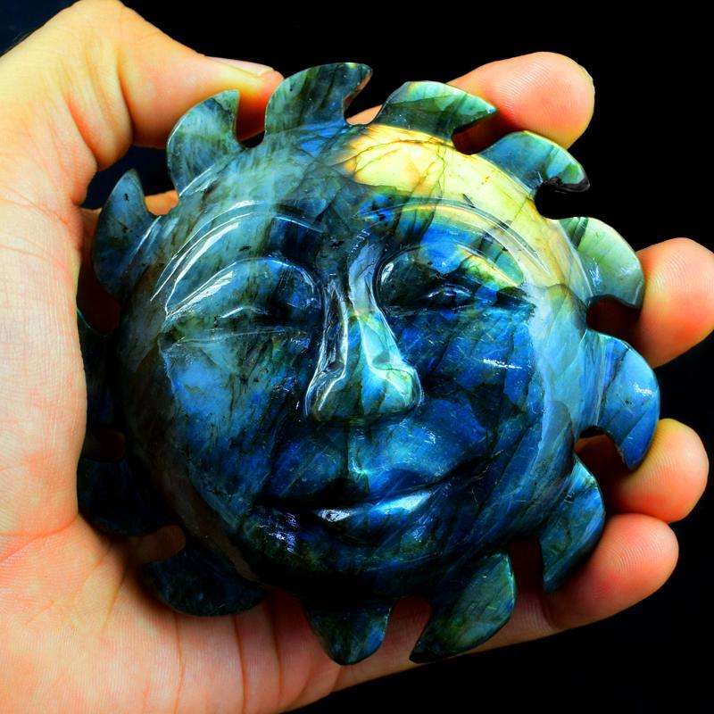 gemsmore:Golden Falsh Labradorite Hand Carved Sun Face