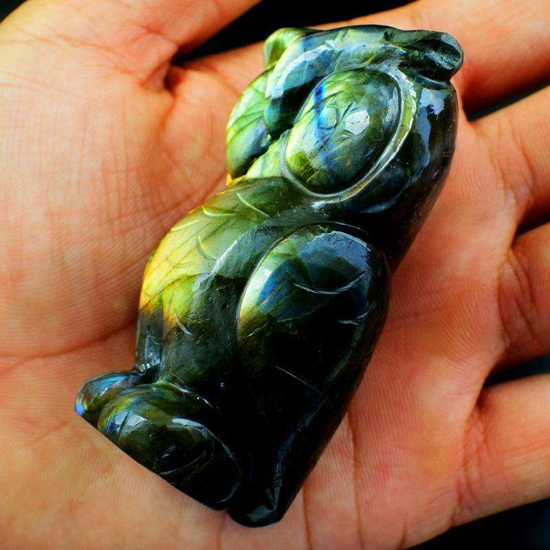 gemsmore:Golden Flash Labardorite Hand Carved Gemstone Owl