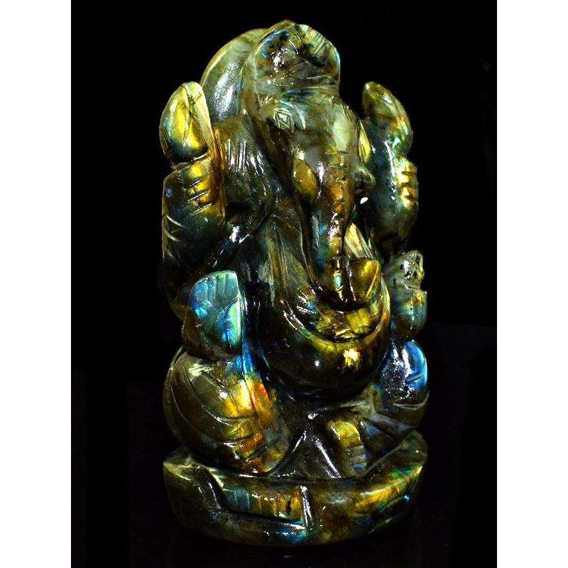 gemsmore:Golden Flash Labradorite Carved Lord Ganesha Idol Statute