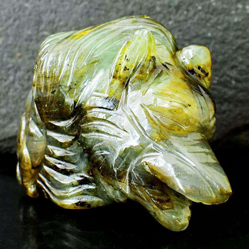 gemsmore:Golden Flash Labradorite Carved Wolf Head