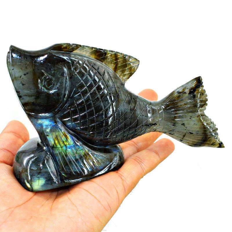 gemsmore:Golden Flash Labradorite Finely Hand Carved Fish
