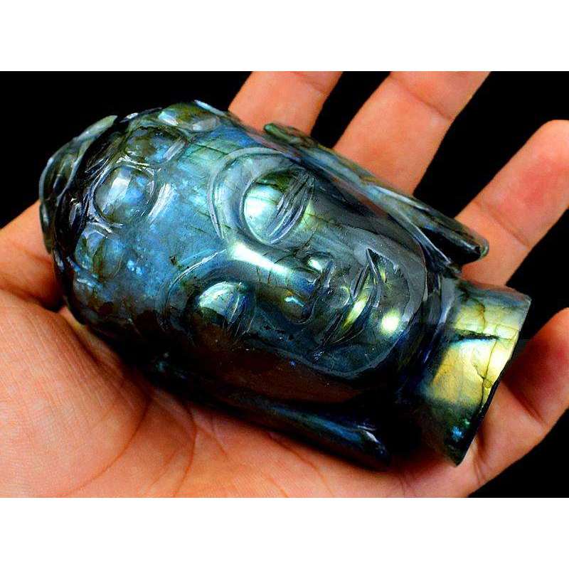 gemsmore:Golden Flash Labradorite Gemstone Carved Lord Buddha Head Idol Statute