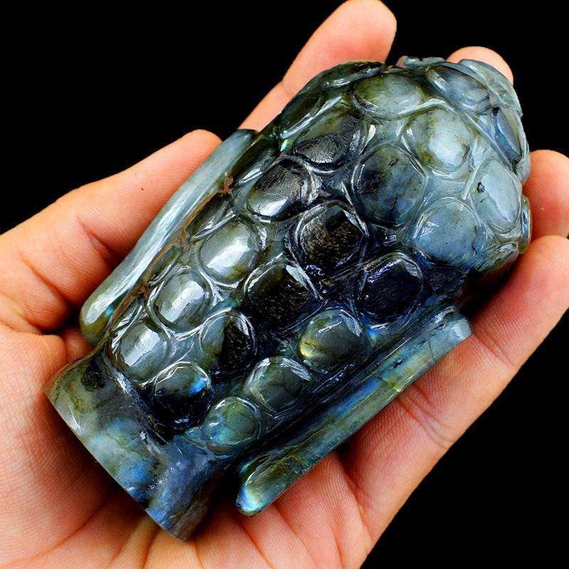 gemsmore:Golden Flash Labradorite Gemstone Carved Lord Buddha Head Idol Statute