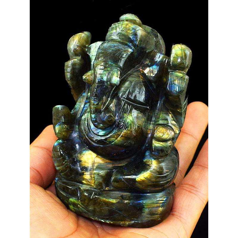 gemsmore:Golden Flash Labradorite Gemstone Carved Lord Ganesha Idol Statute