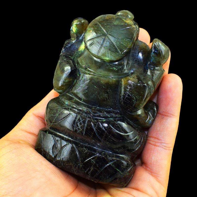 gemsmore:Golden Flash Labradorite Gemstone Carved Lord Ganesha Idol Statute