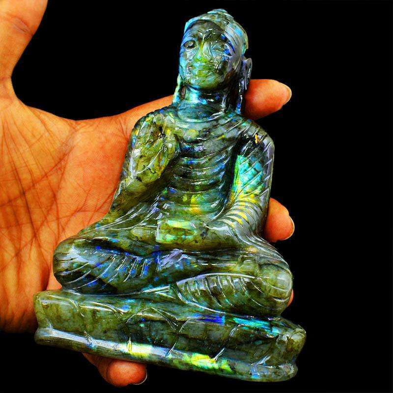 gemsmore:Golden Flash Labradorite Hand Carved Lord Buddha Idol