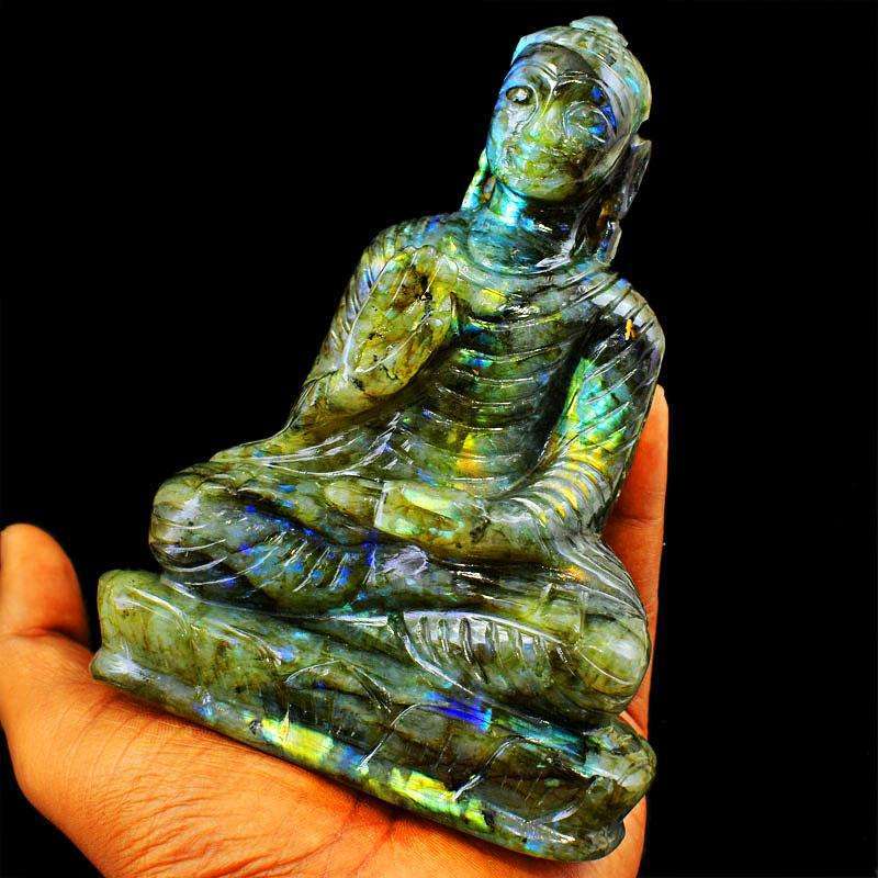 gemsmore:Golden Flash Labradorite Hand Carved Lord Buddha Idol