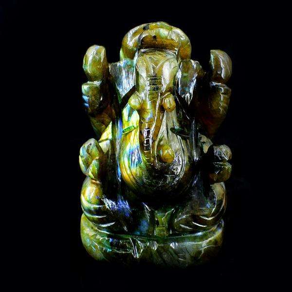 gemsmore:Golden Flash Labradorite Hand Carved Lord Ganesha Idol