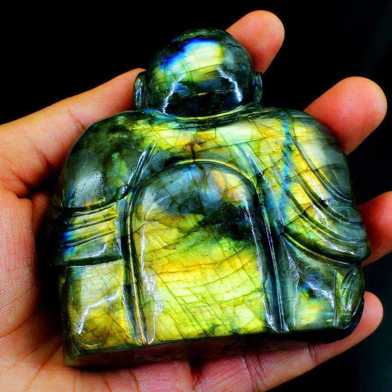 gemsmore:Golden Flash Premium Labradorite Carved Laughing Buddha