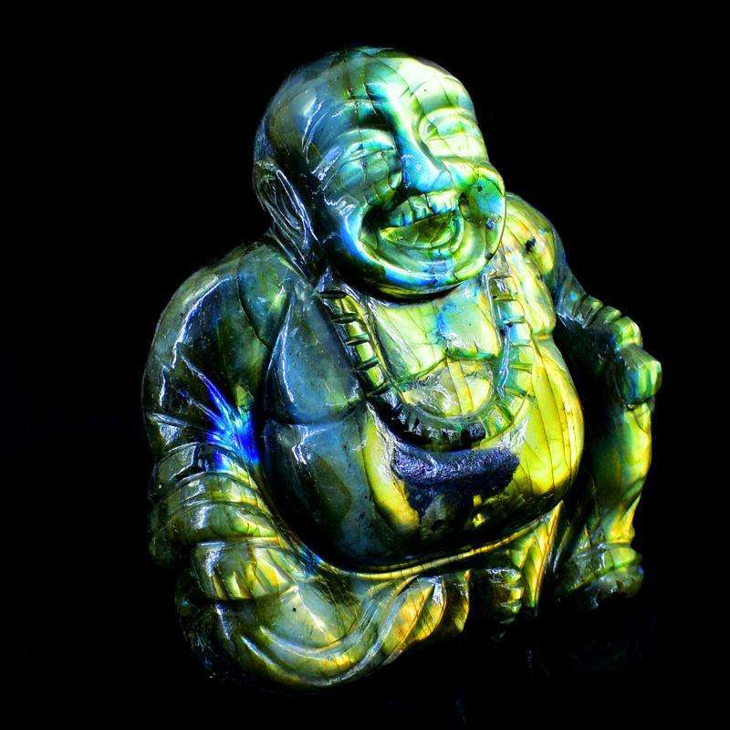 gemsmore:Golden Flash Premium Labradorite Carved Laughing Buddha