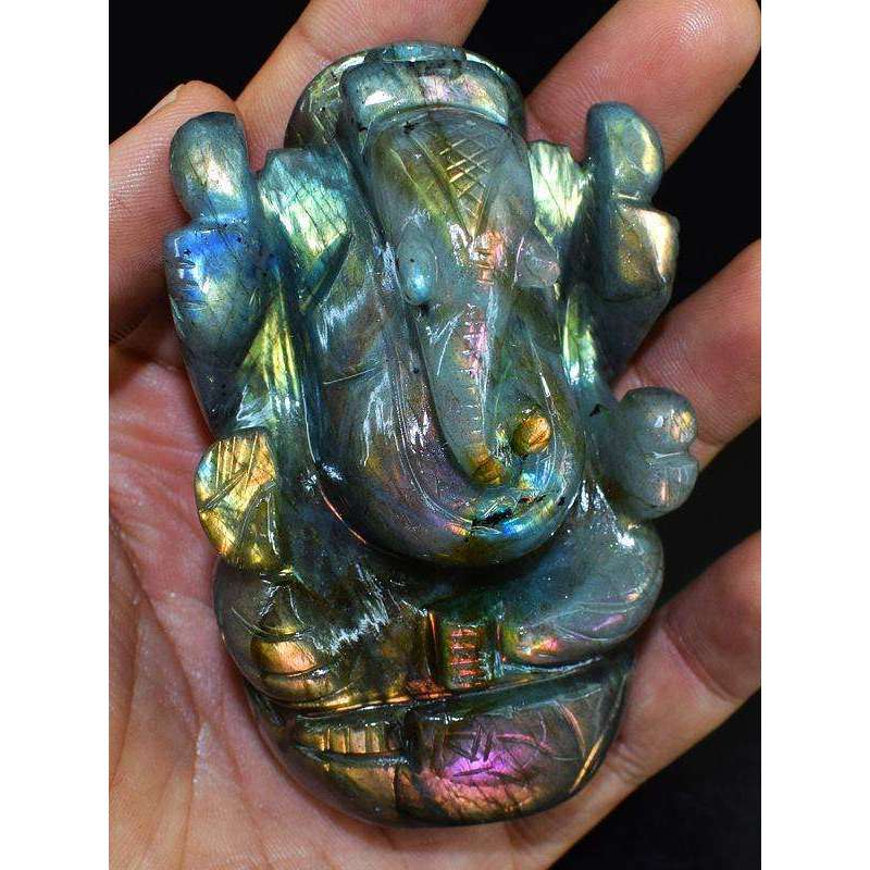 gemsmore:Golden & Pink Flash Labradorite Hand Carved Lord Ganesha