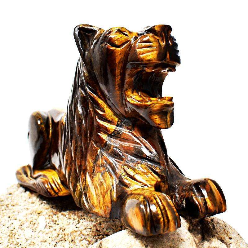 gemsmore:Golden Tiger Eye Hand Carved Lion - Genuine