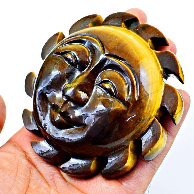 gemsmore:Golden Tiger Eye Hand Carved Sun Face