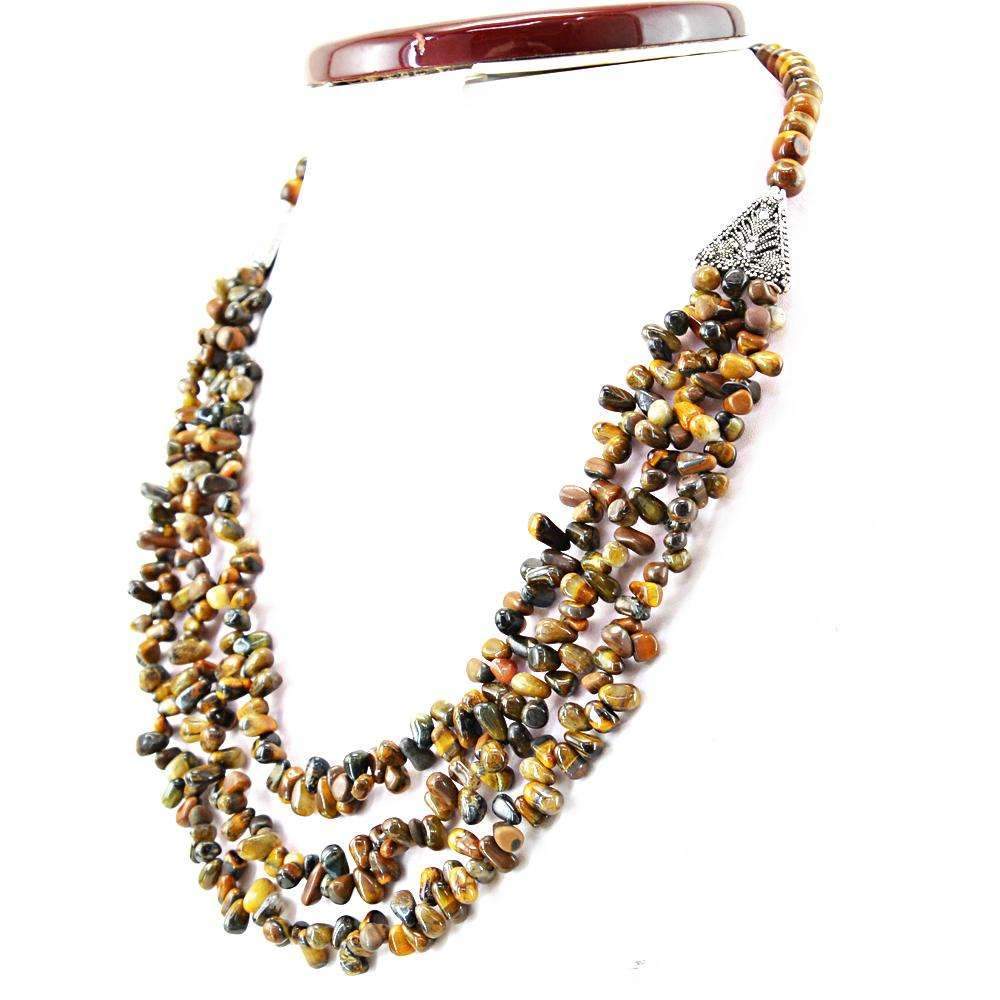 gemsmore:Golden Tiger Eye Necklace Natural 3 Strand Untreated Beads