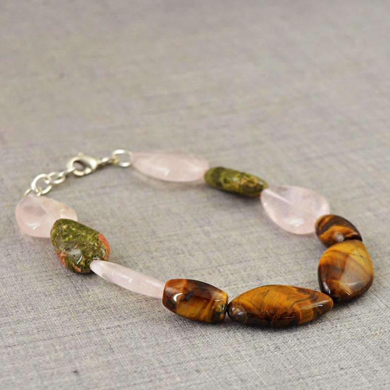 gemsmore:Golden Tiger Eye & Pink Rose Quartz Bracelet Natural Untreated Beads