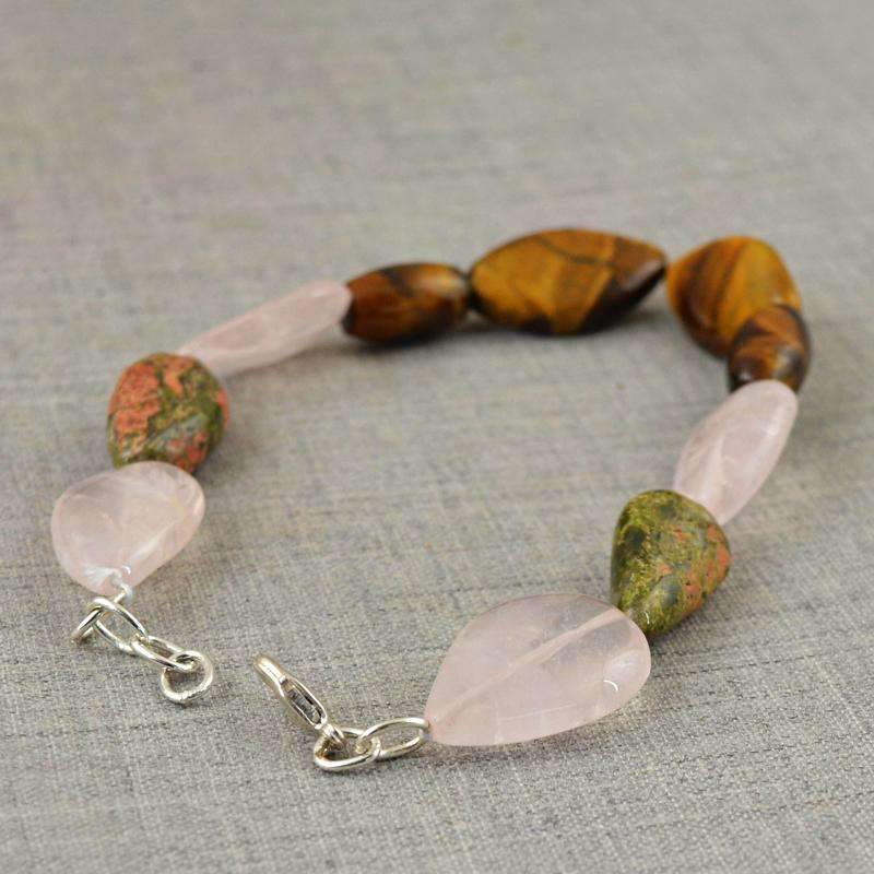 gemsmore:Golden Tiger Eye & Pink Rose Quartz Bracelet Natural Untreated Beads