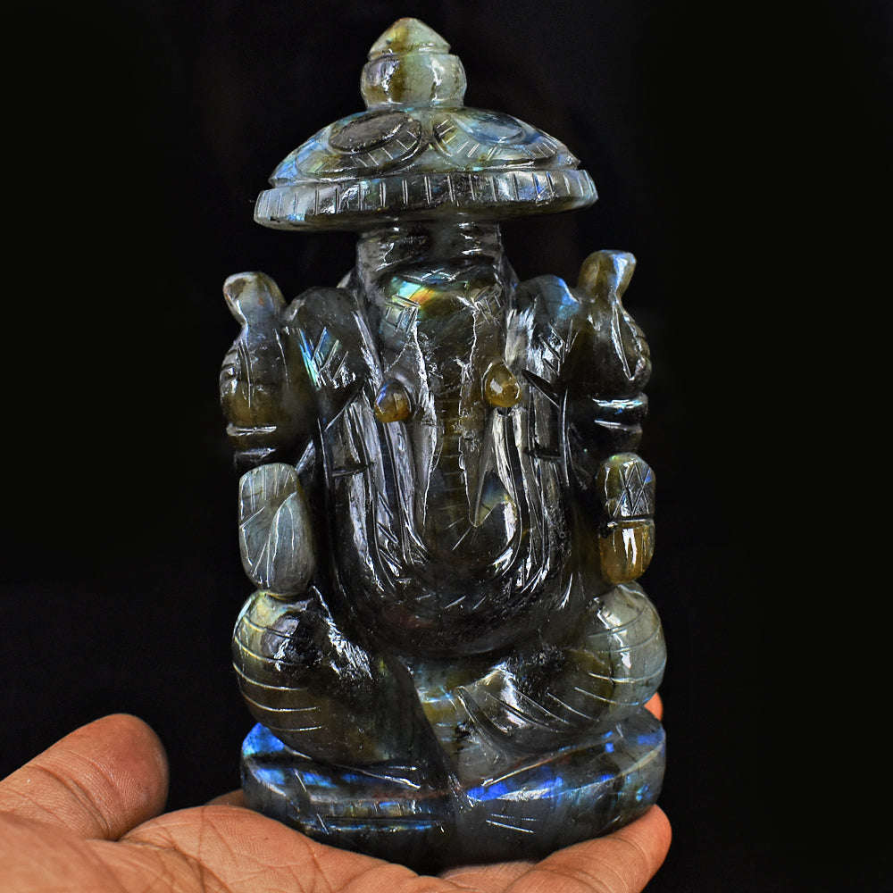 gemsmore:Gorgeous Amazing Flash Labradorite Hand Carved Ganesha With Throne