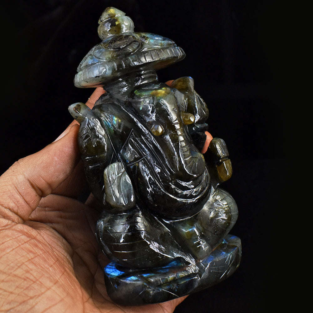 gemsmore:Gorgeous Amazing Flash Labradorite Hand Carved Ganesha With Throne