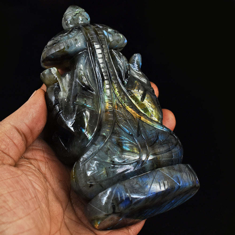 gemsmore:Gorgeous Amazing Flash Labradorite Hand Carved Ganesha With Throne