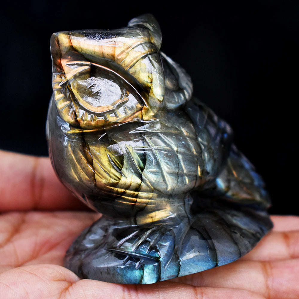 gemsmore:Gorgeous Amazing Flash Labradorite Hand Carved Gemstone Owl