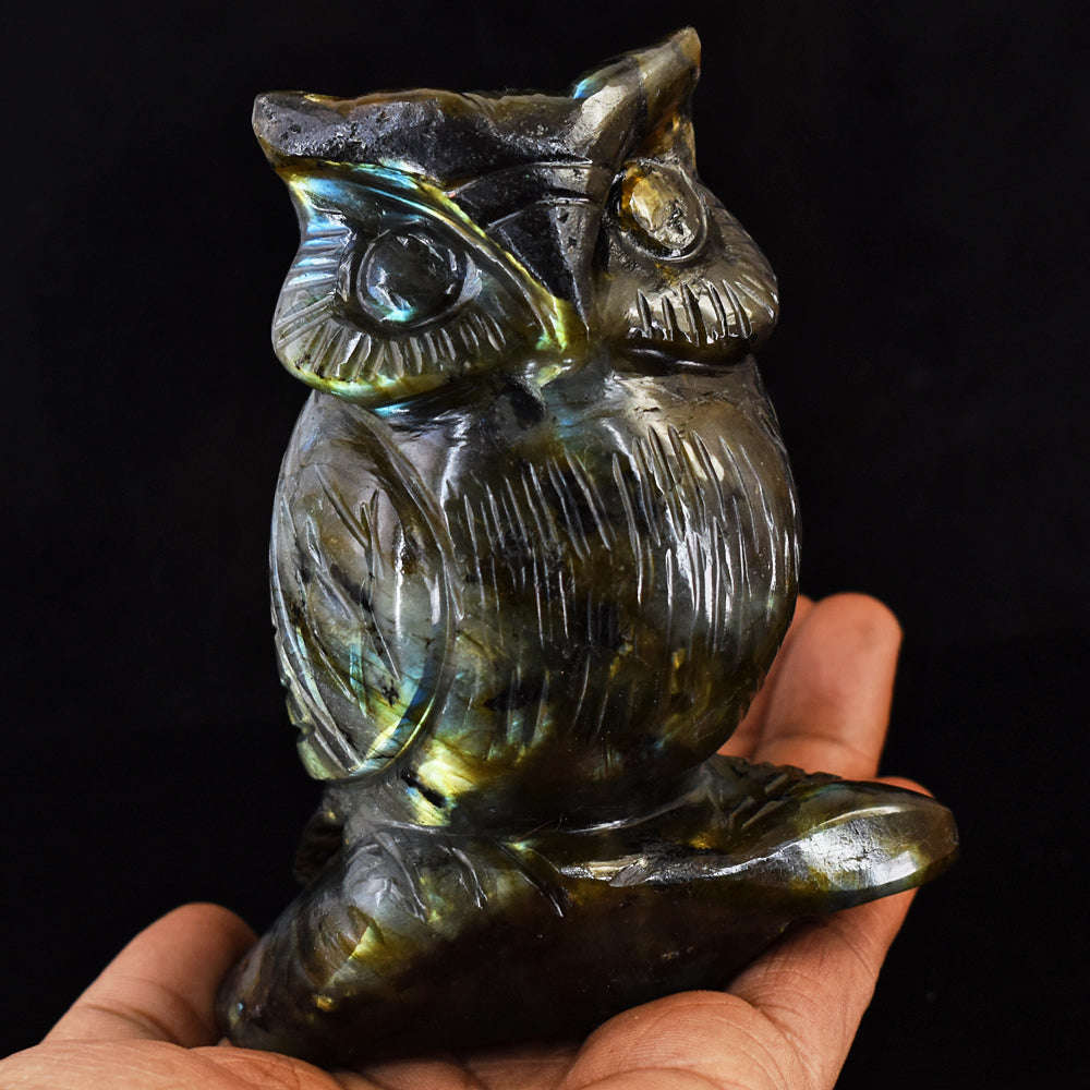 gemsmore:Gorgeous  Amazing Flash Labradorite Hand Carved Owl Gemstone