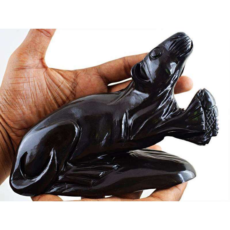 gemsmore:Gorgeous Black Obsidian Hand Carved Sea Lion With Fish In Hand