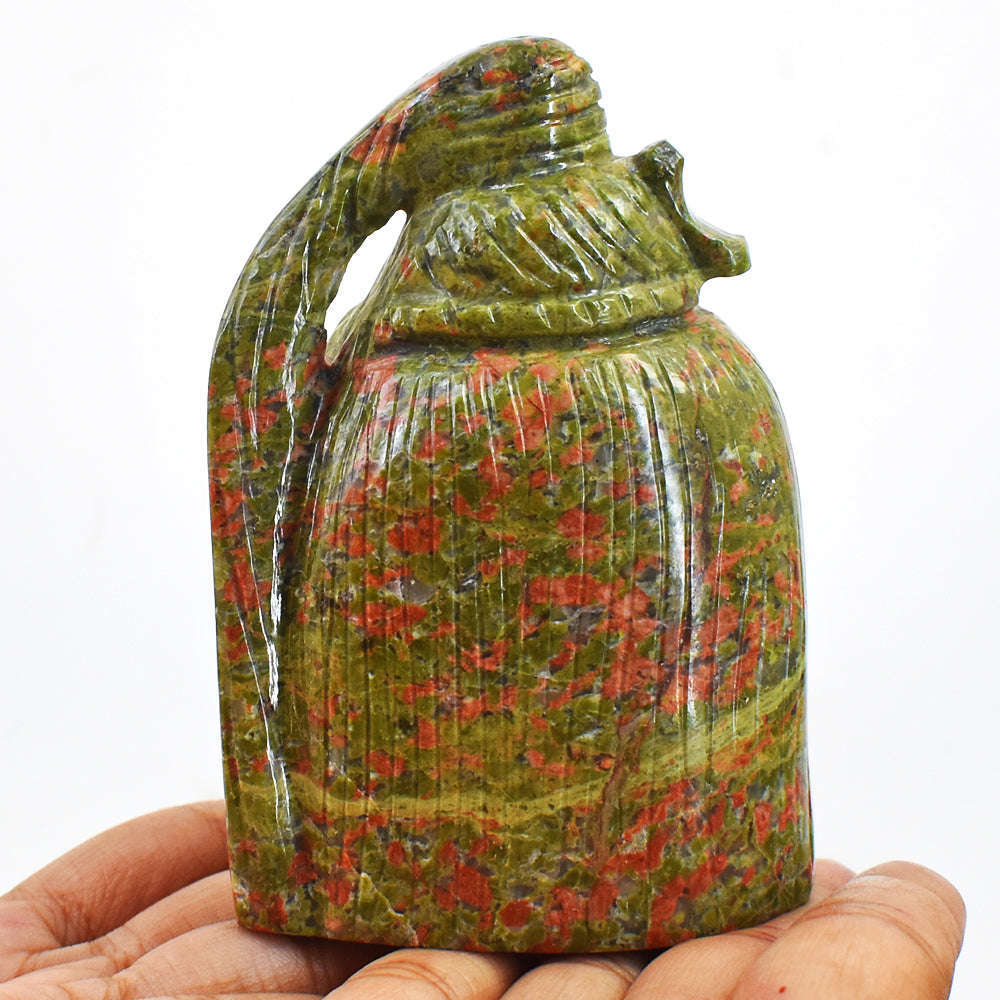 gemsmore:Gorgeous  Blood Green Unakite Hand Carved Lord Shiva Head Carving Gemstone