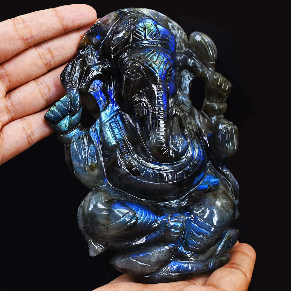 gemsmore:Gorgeous Blue Flash Labradorite Hand Carved Crystal Gemstone Carving Lord Ganesha