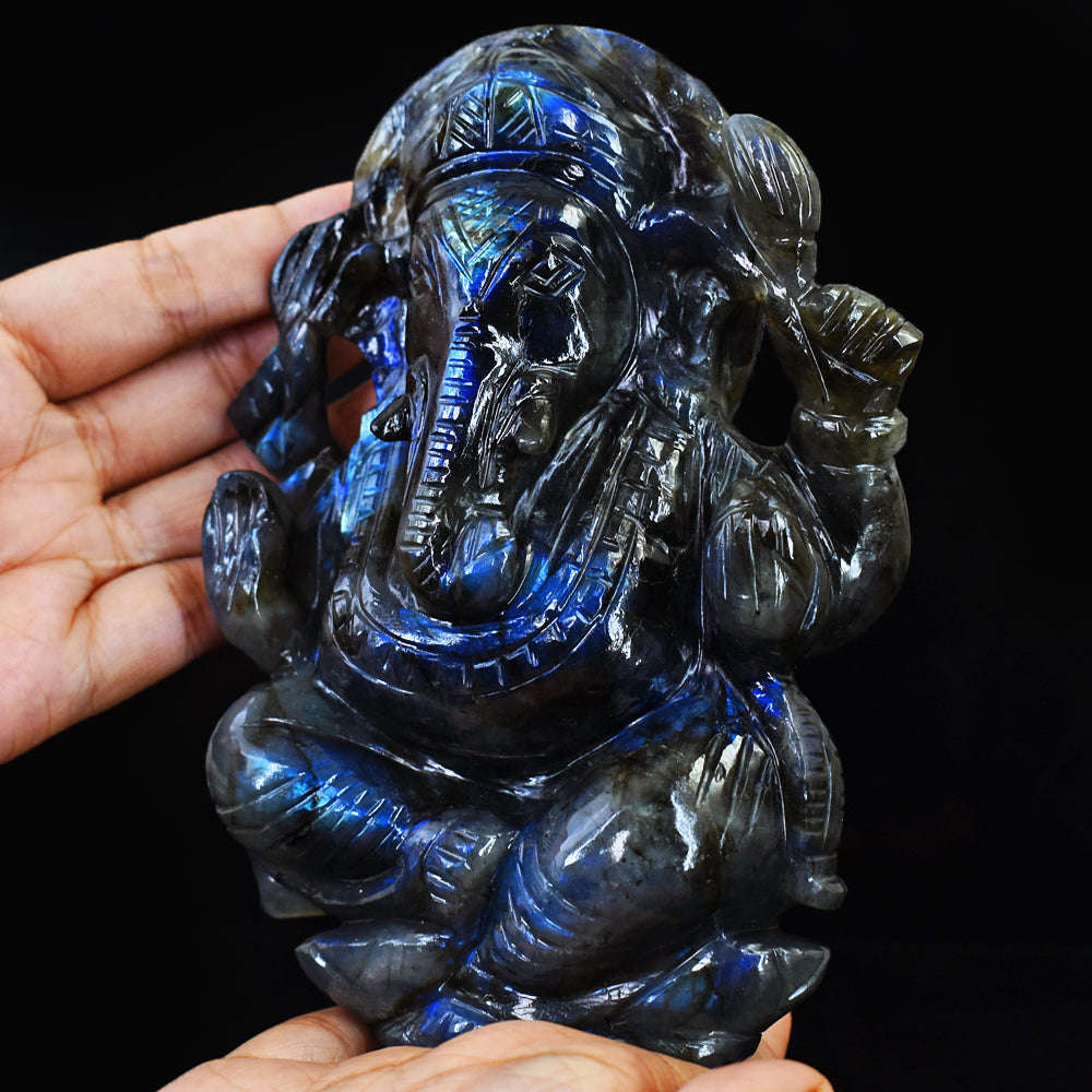 gemsmore:Gorgeous Blue Flash Labradorite Hand Carved Crystal Gemstone Carving Lord Ganesha