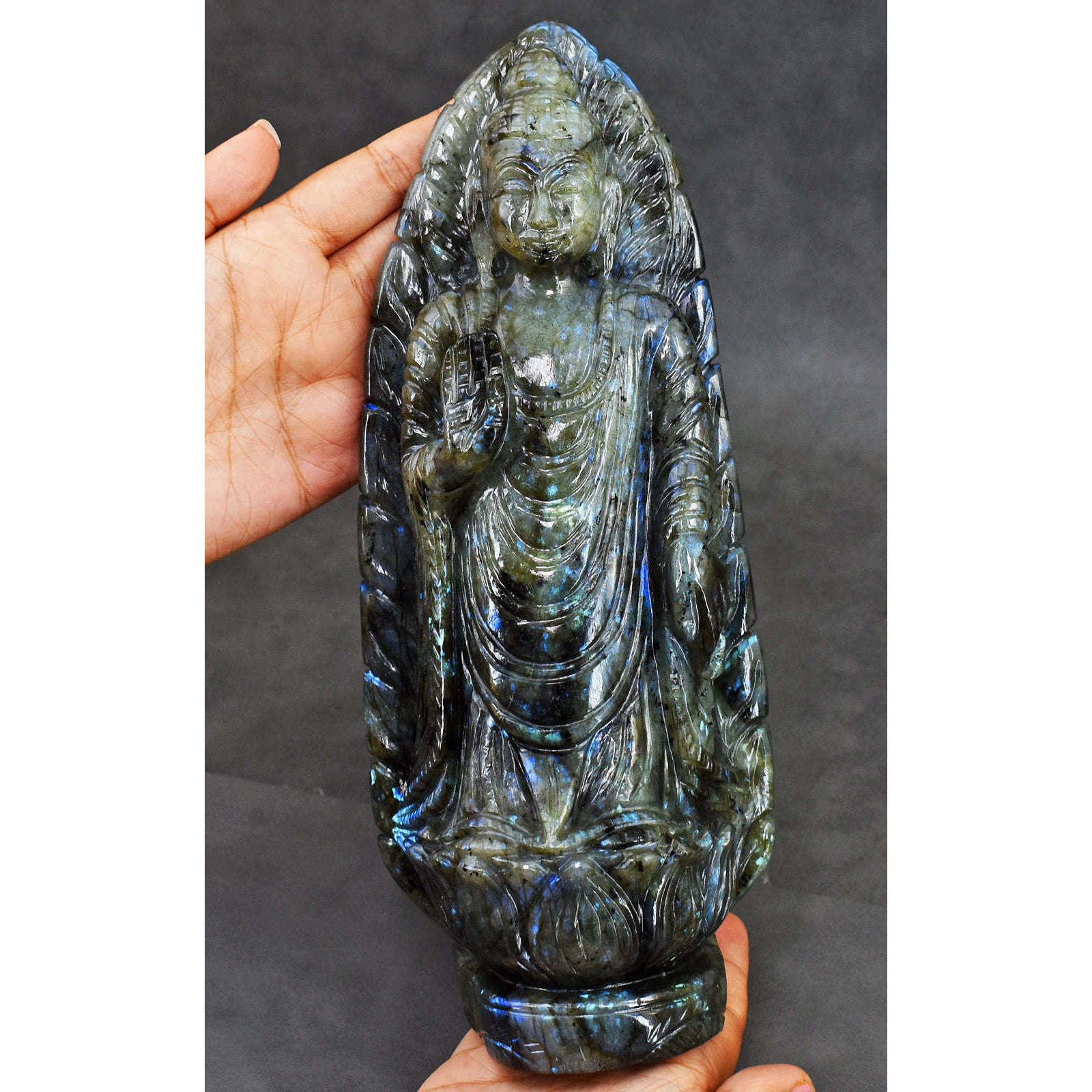 gemsmore:Gorgeous Blue Flash Labradorite Hand Carved Lord Buddha Statue Carving