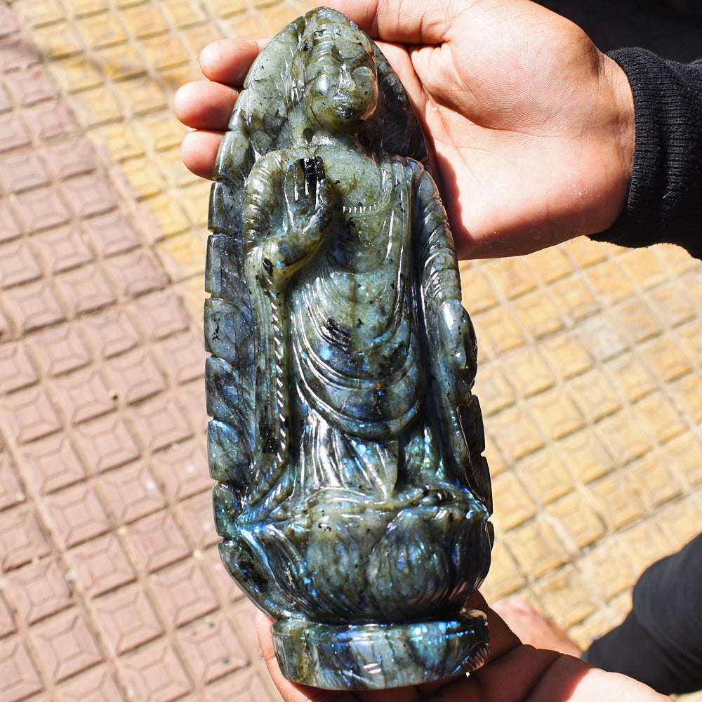 gemsmore:Gorgeous Blue Flash Labradorite Hand Carved Lord Buddha Statue Carving