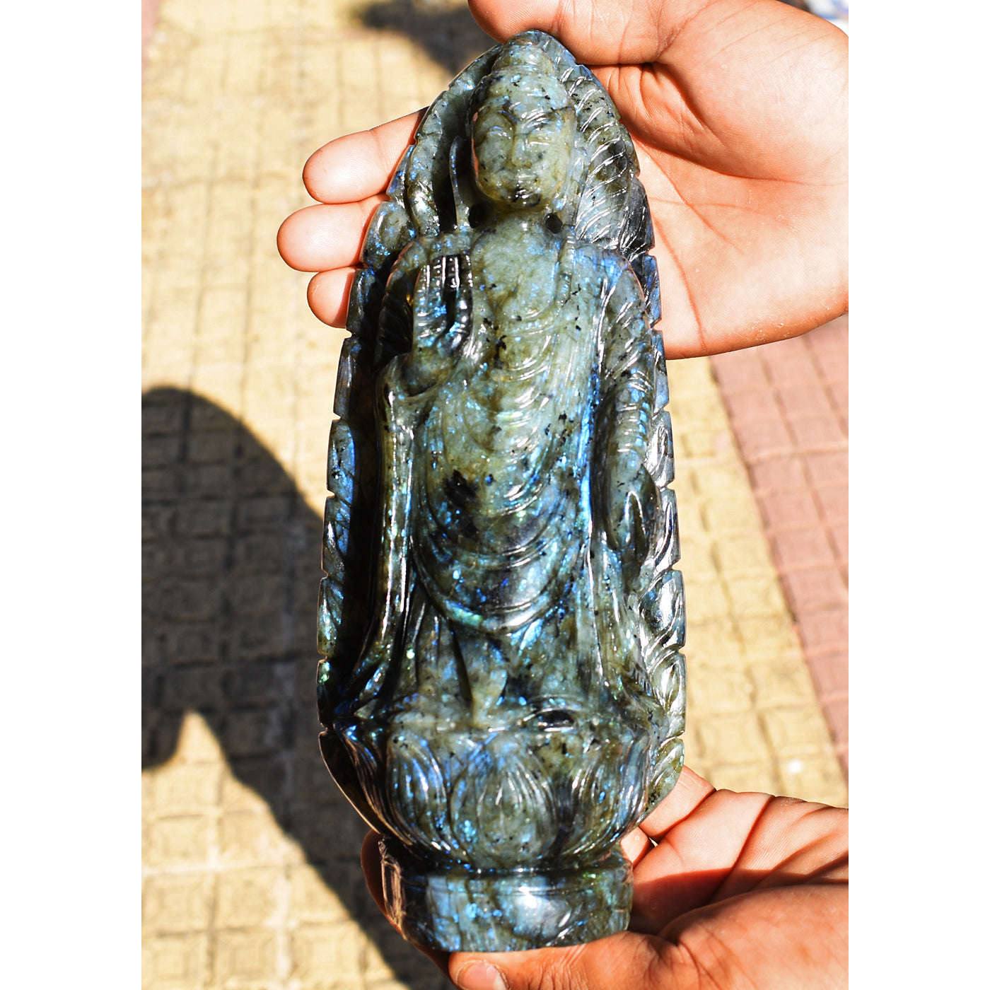 gemsmore:Gorgeous Blue Flash Labradorite Hand Carved Lord Buddha Statue Carving