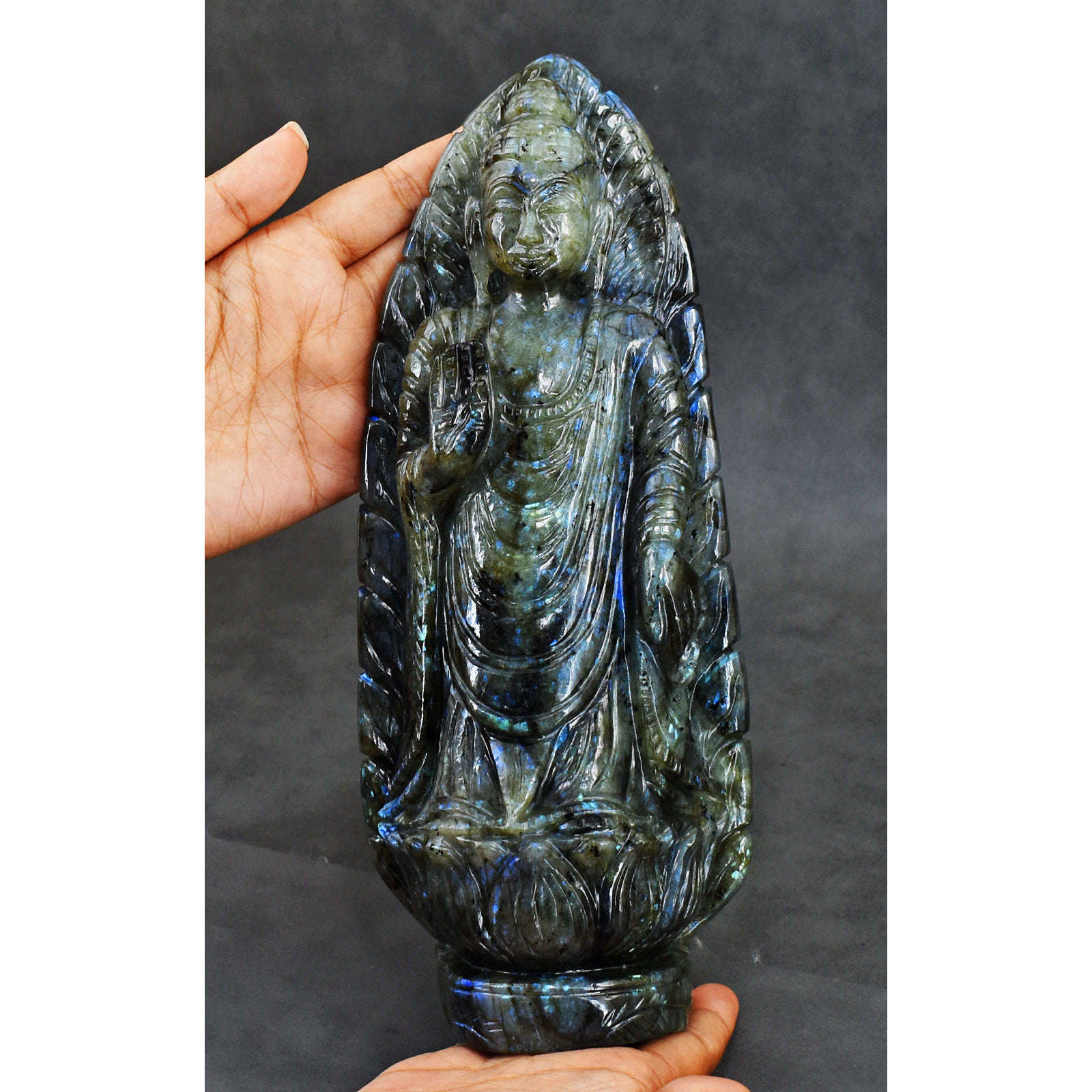 gemsmore:Gorgeous Blue Flash Labradorite Hand Carved Lord Buddha Statue Carving