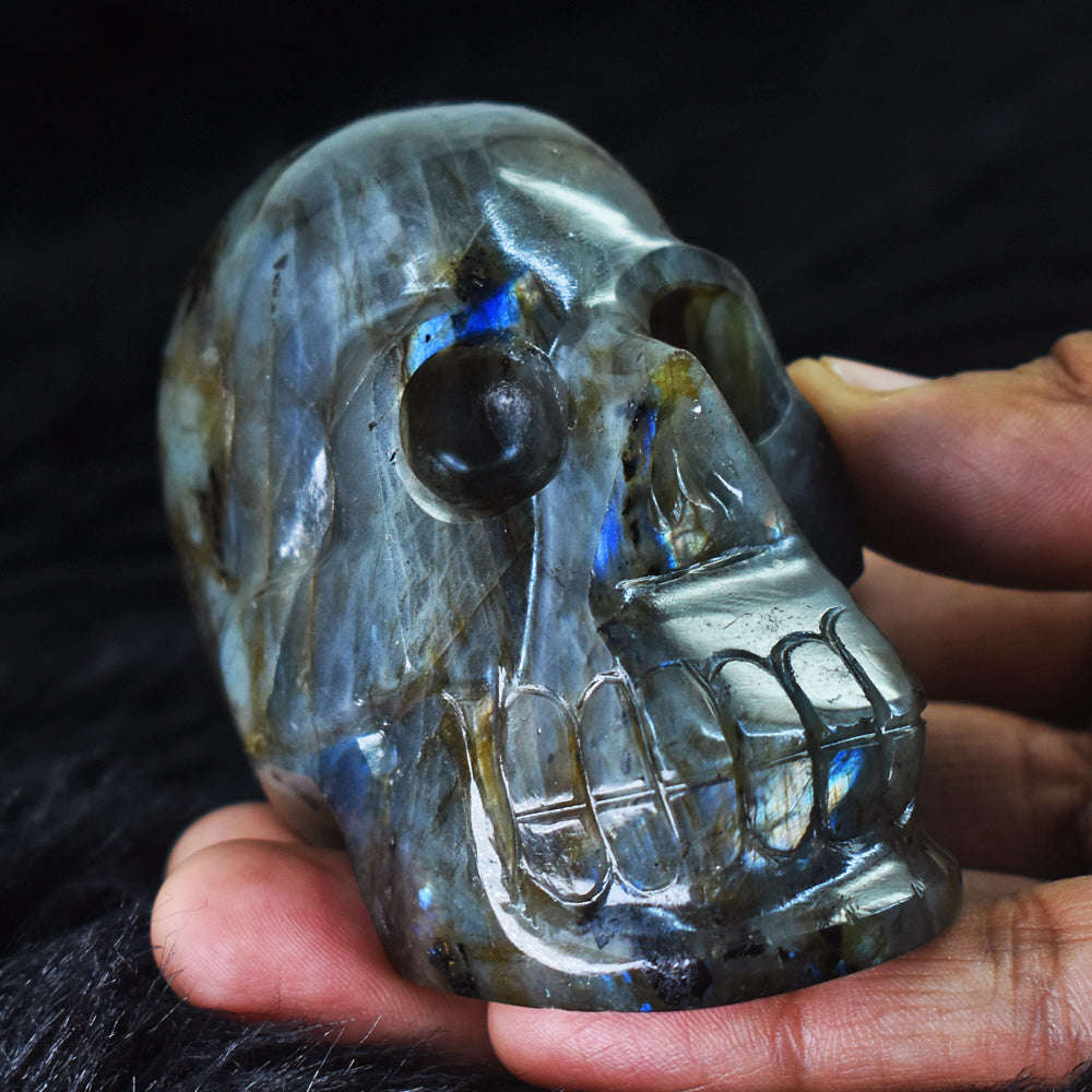 gemsmore:Gorgeous Blue & Golden Flash Labradorite Hand Carved Skull  Gemstone