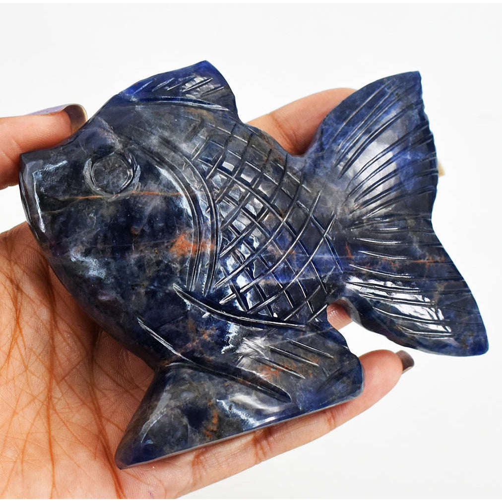 gemsmore:Gorgeous Blue Sodalite Hand Carved Genuine Crystal Gemstone Carving Fish