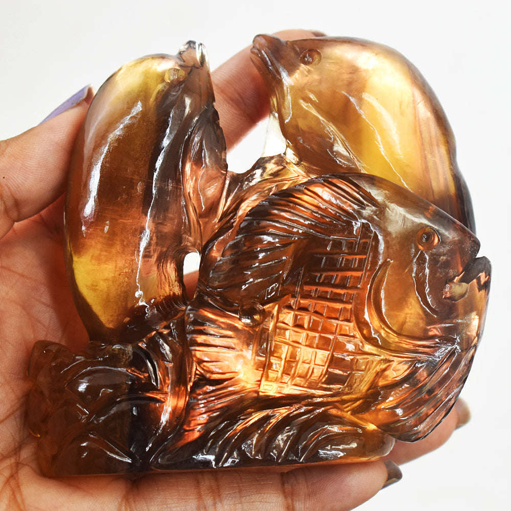gemsmore:Gorgeous Multicolor Fluorite Hand Carved Genuine Dolphin & Fish Gemstone Carving