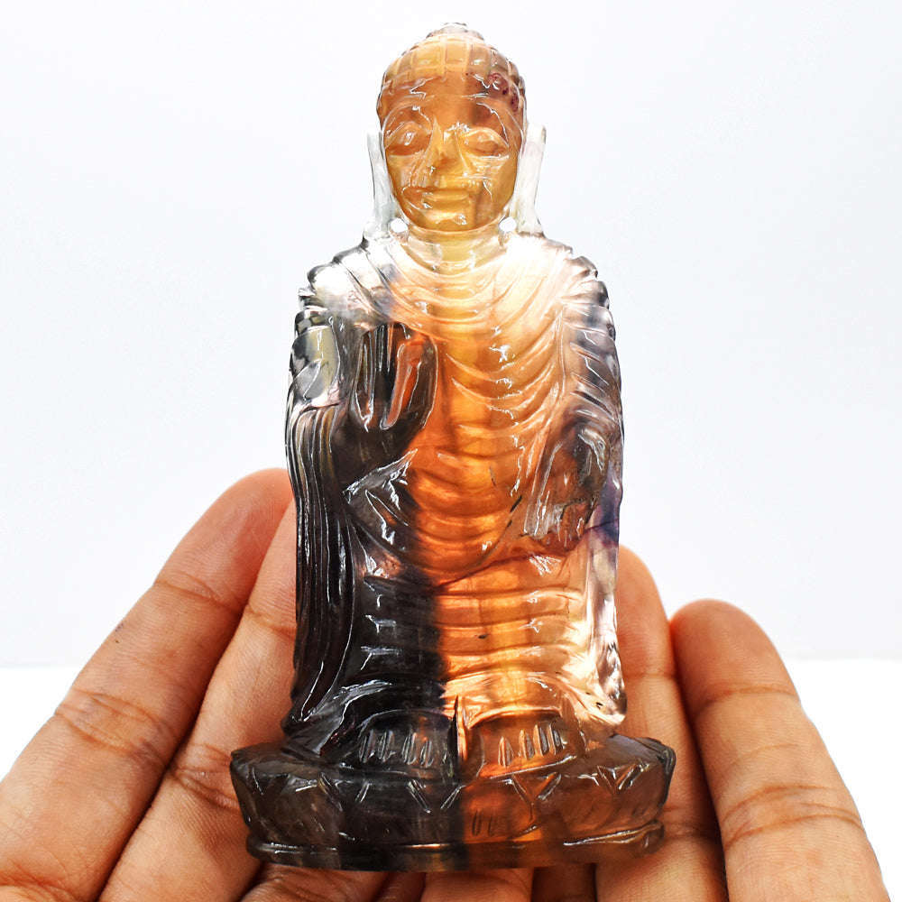 gemsmore:Gorgeous  Multicolor Fluorite Hand Carved Lord Buddha Idol