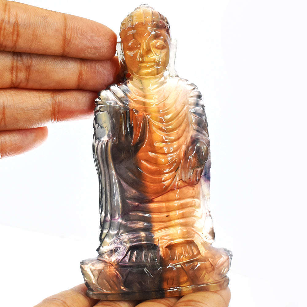 gemsmore:Gorgeous  Multicolor Fluorite Hand Carved Lord Buddha Idol