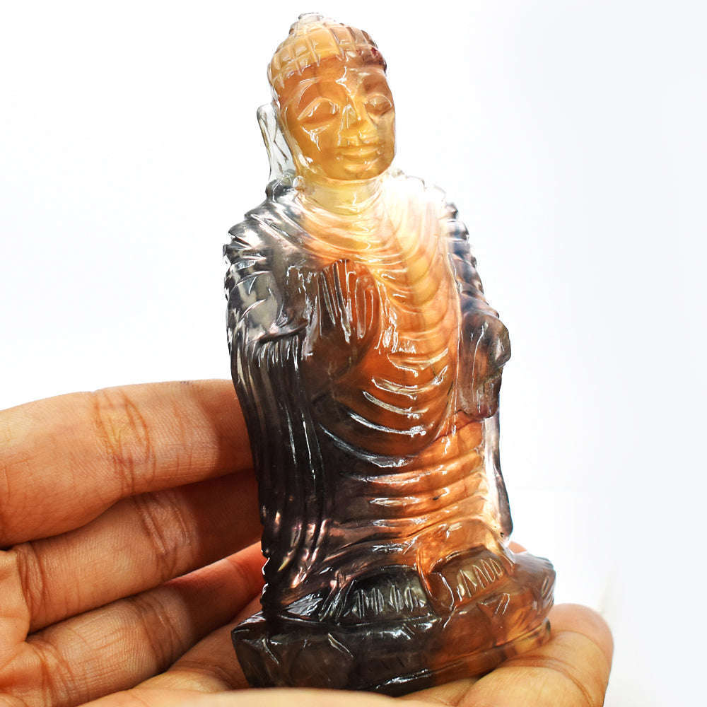 gemsmore:Gorgeous  Multicolor Fluorite Hand Carved Lord Buddha Idol