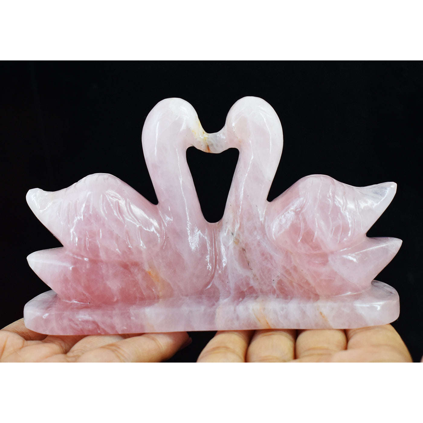 gemsmore:Gorgeous Pink Rose Quartz Hand Carved Crystal Swan Pair Carving