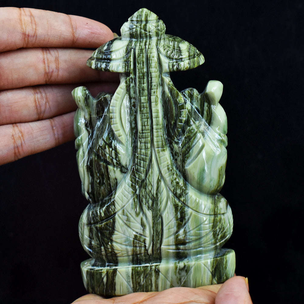 gemsmore:Gorgeous Serpentine  Hand Carved Lord Ganesha With Throne